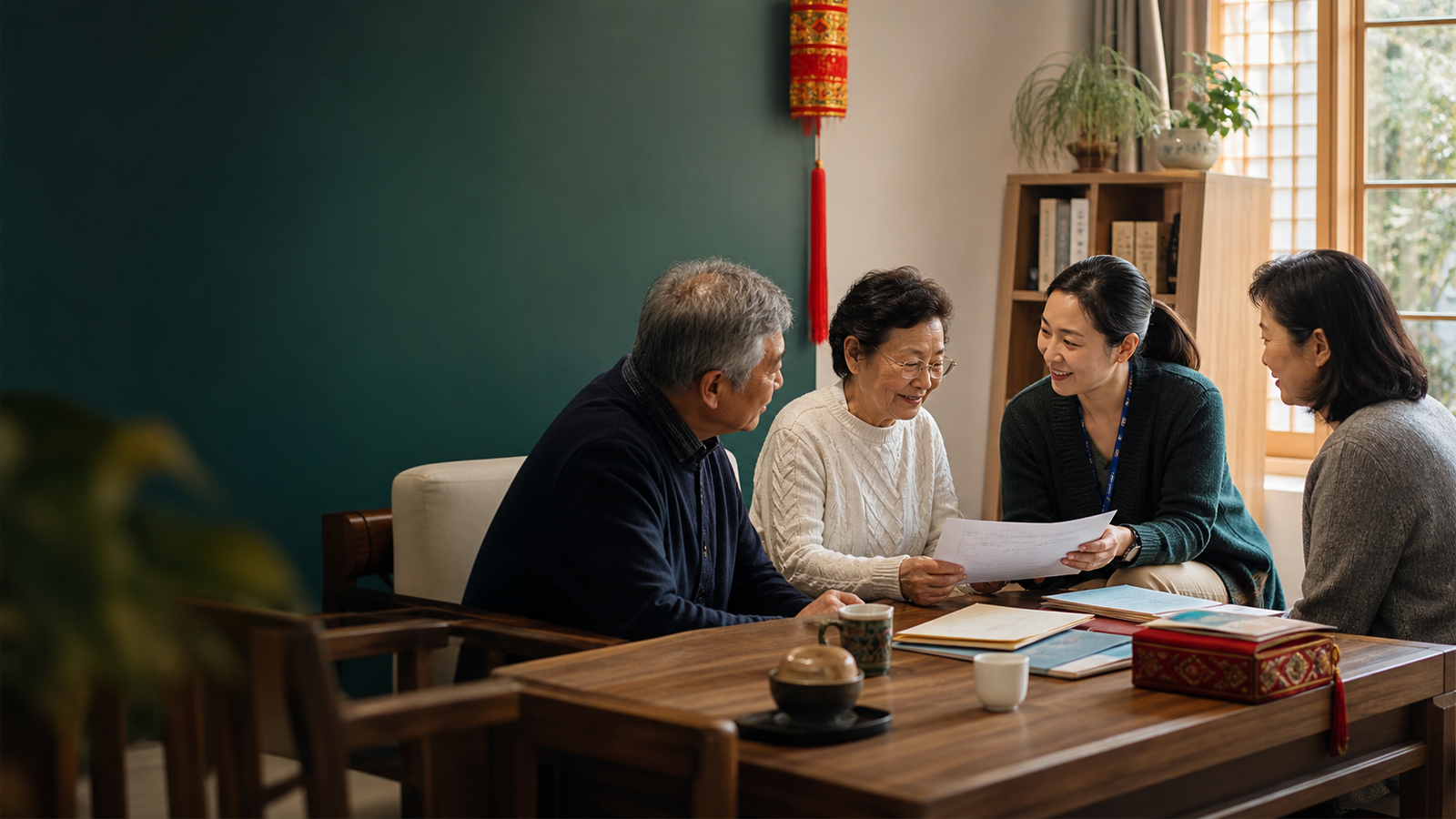 Asian community members receiving supportive benefits guidance in a welcoming room